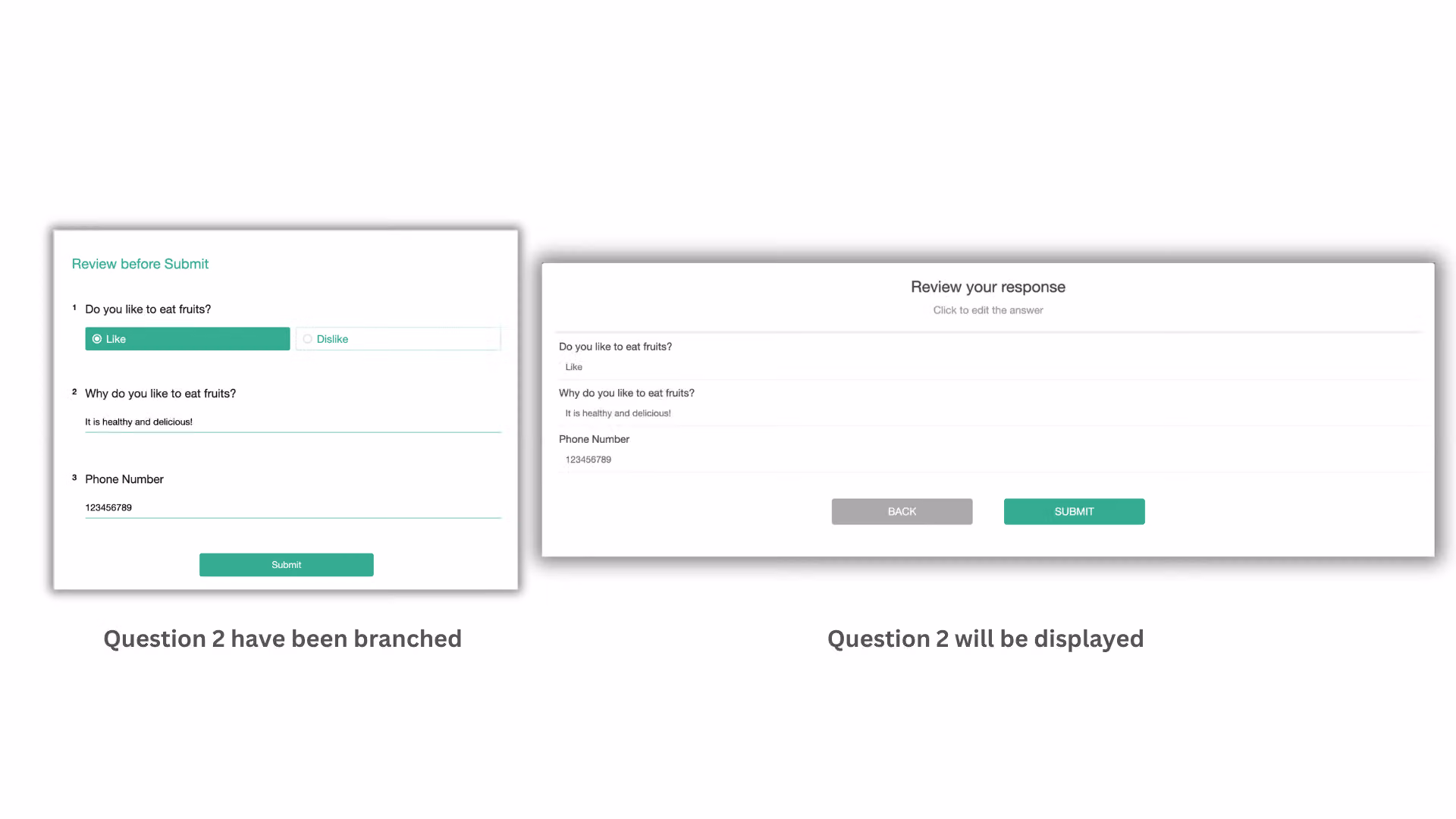 Animation of clicking a question in the review screen to jump directly back and edit the answer