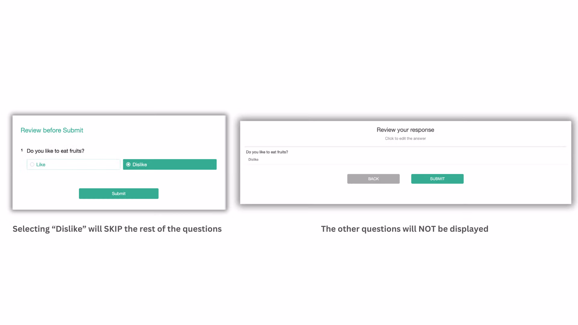 Review before Submit page showing that skipped questions are excluded from the summary