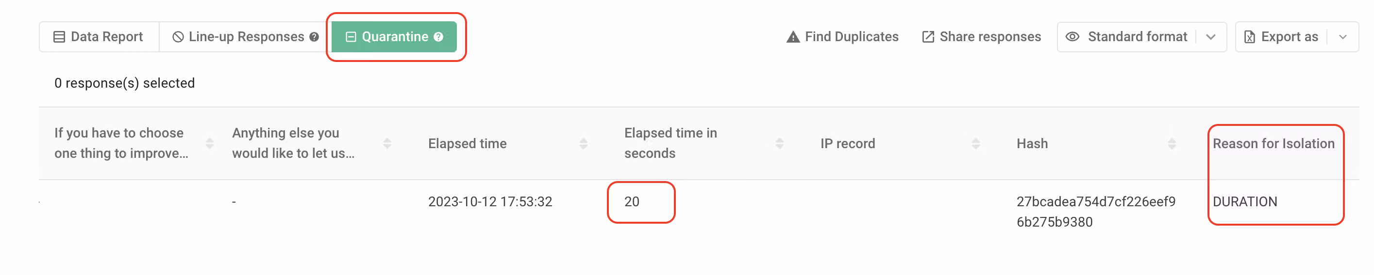 Selecting responses in Quarantine and moving them back into the Data Report