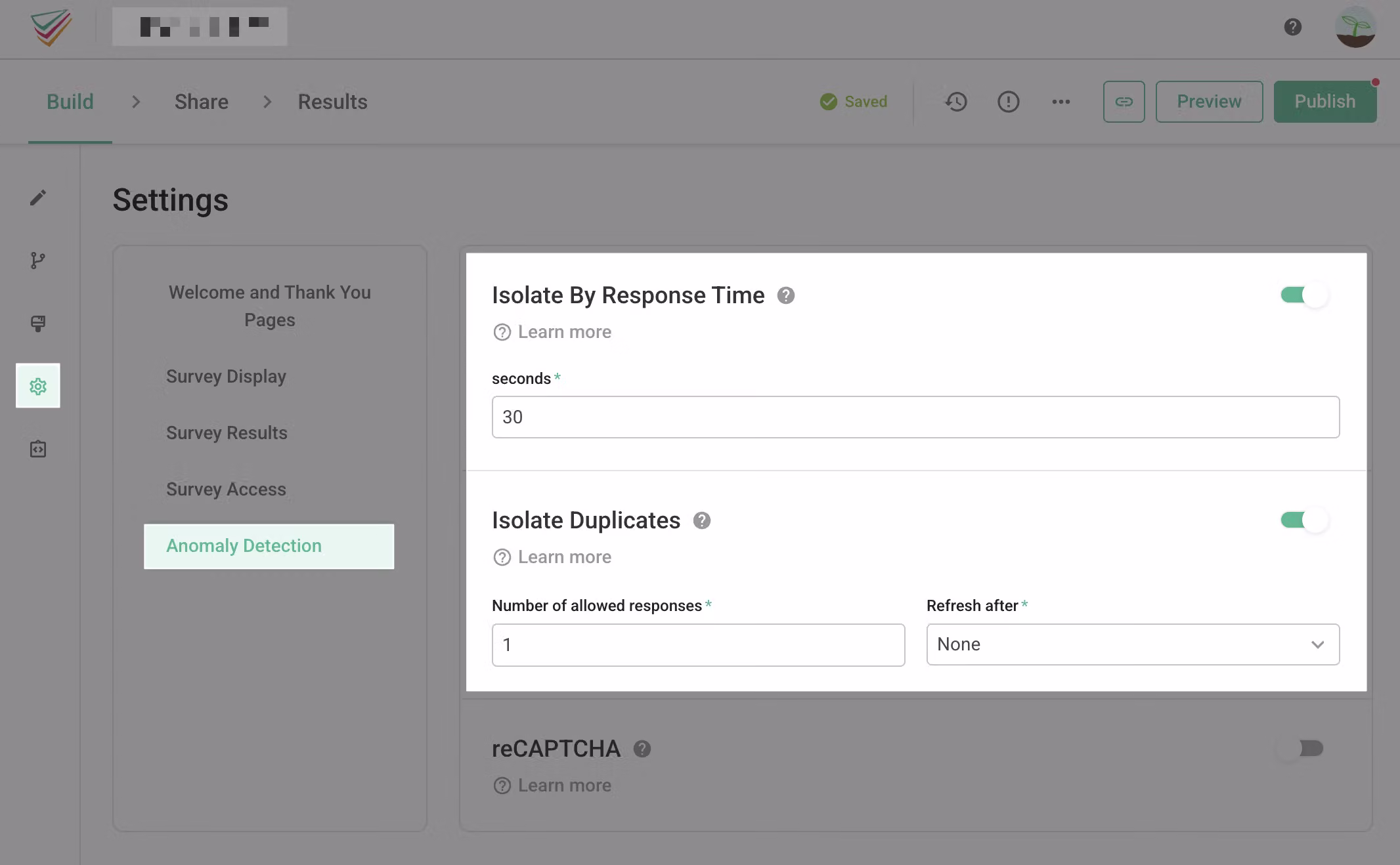Isolate Duplicates settings for filtering repeated responses from the same browser within a time interval