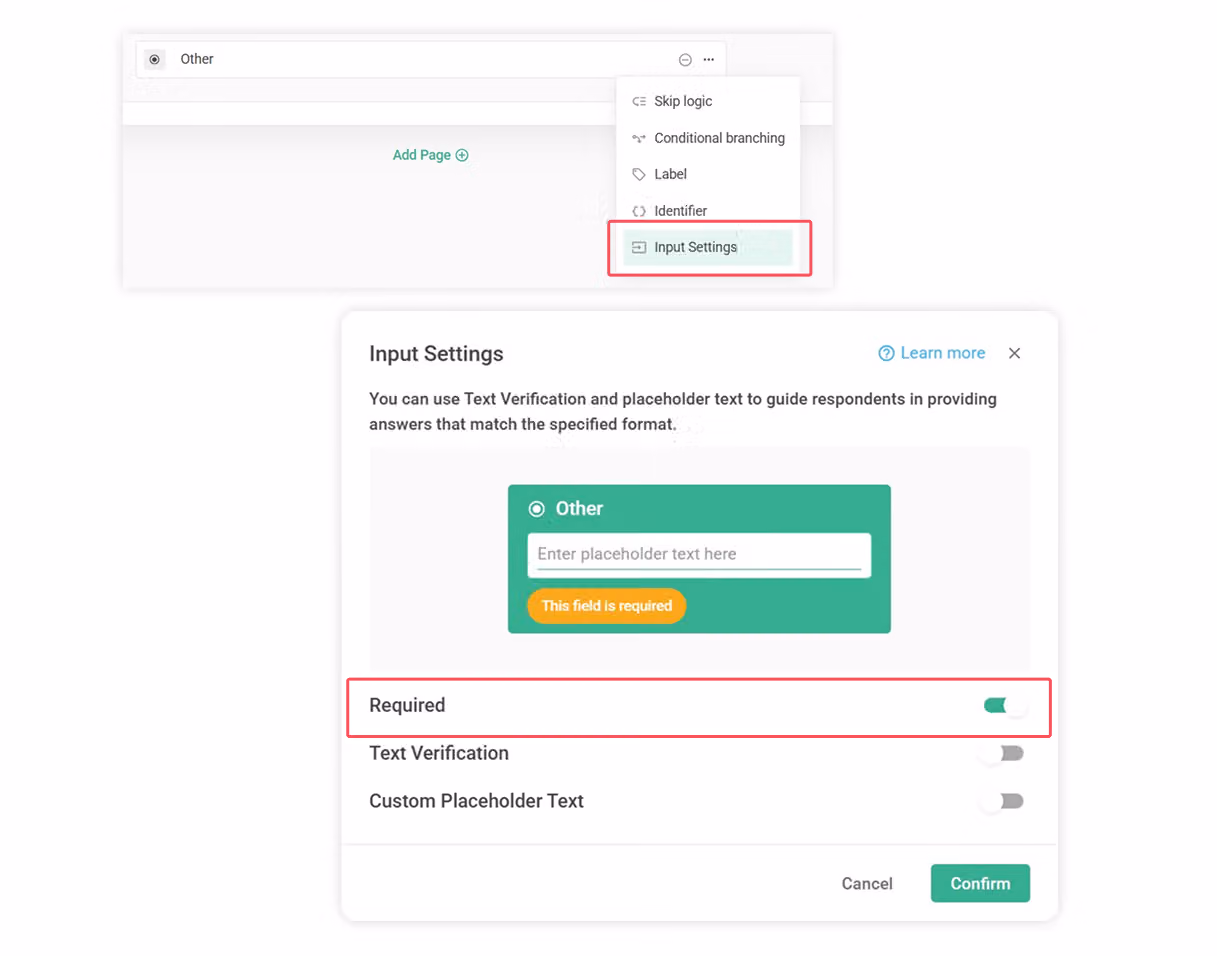 Required field setting enabled for the Other option in a Multiple Choice or Checkboxes question