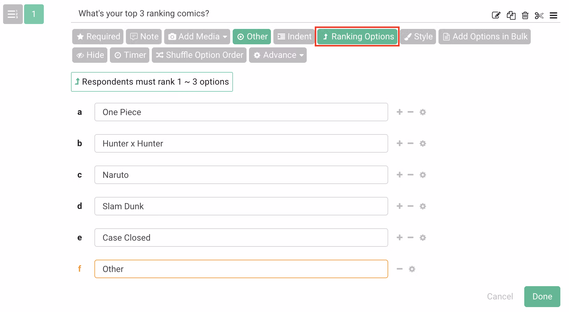 Survey results admin panel showing real-time chart analysis for a Ranking question