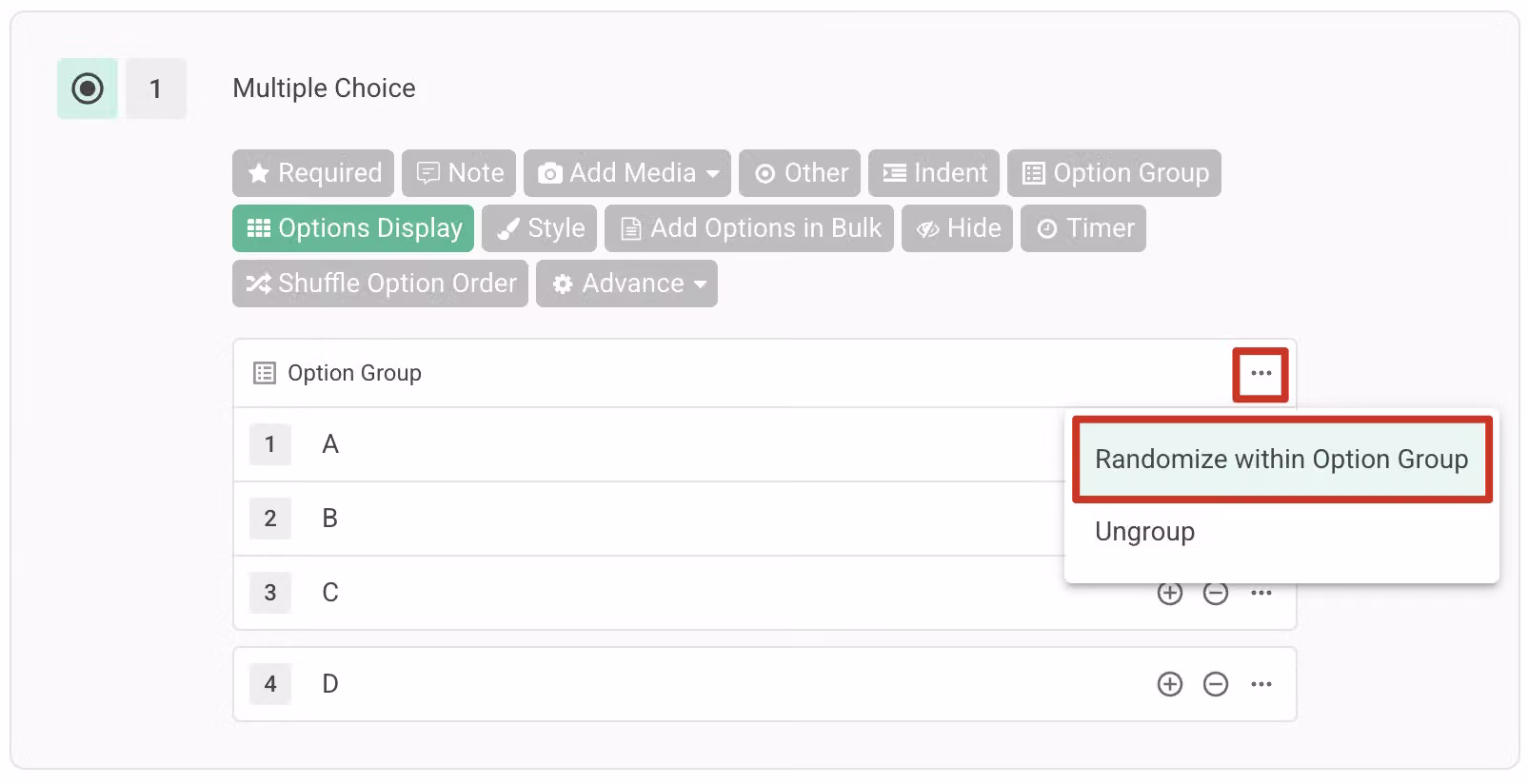 Randomize Within Option Group settings showing the Unordered Random and Ordered Random modes