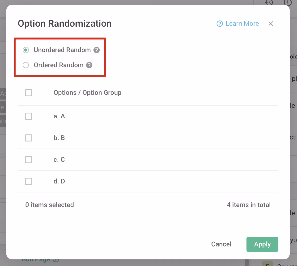 Random Order settings panel showing the Unordered Random and Ordered Random mode options