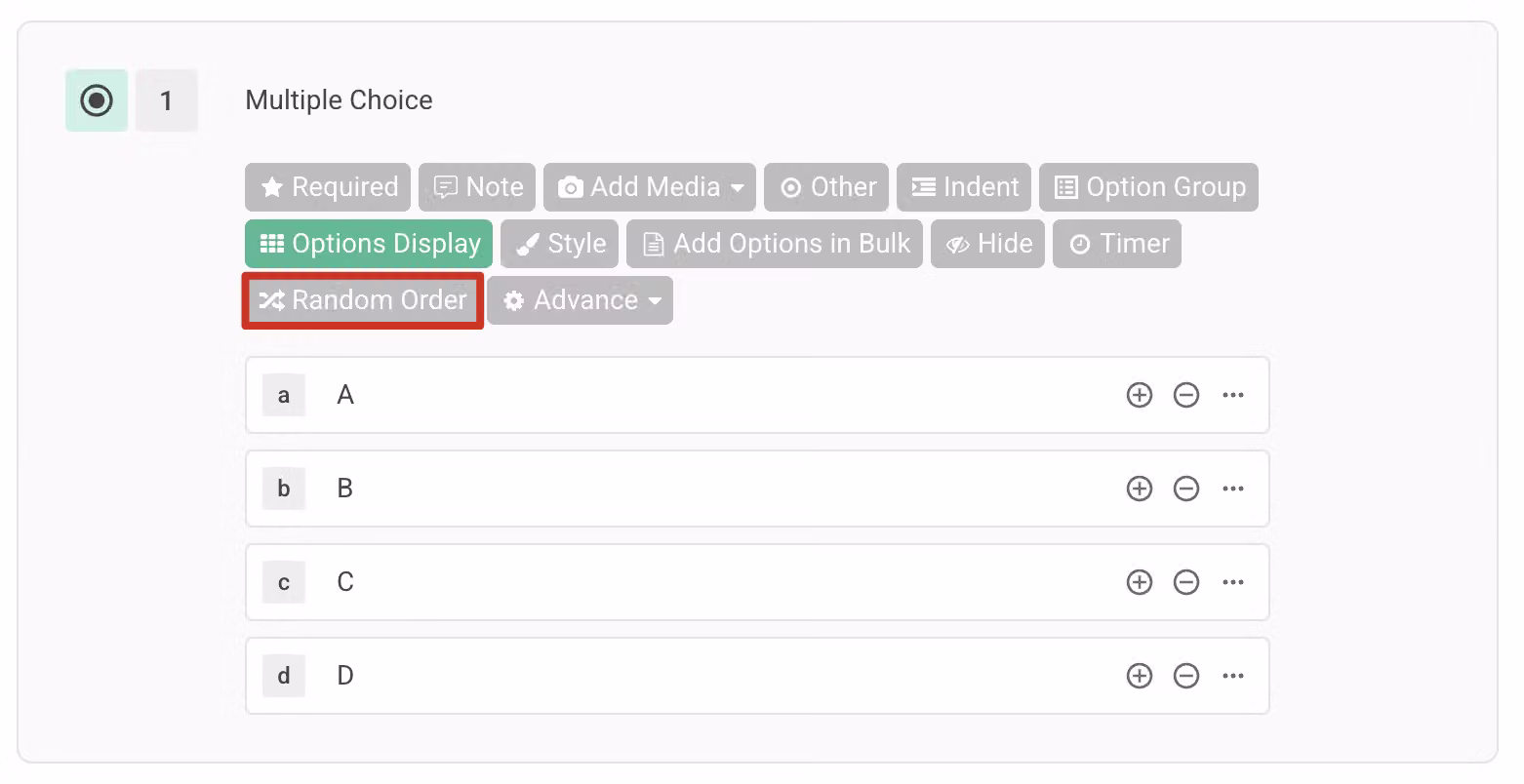 Question editor with the Random Order button clicked to enable option randomization