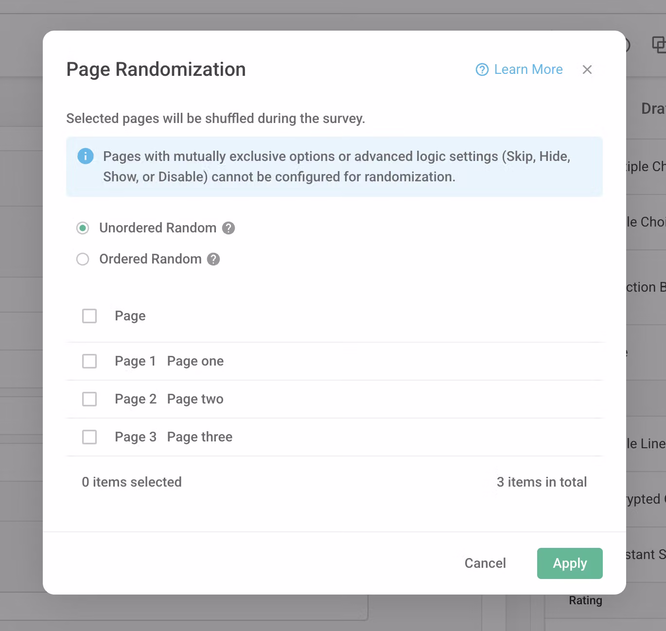 Page Randomization dialog with Unordered Random selected and checkboxes for Page one, Page two and Page three above the Apply button