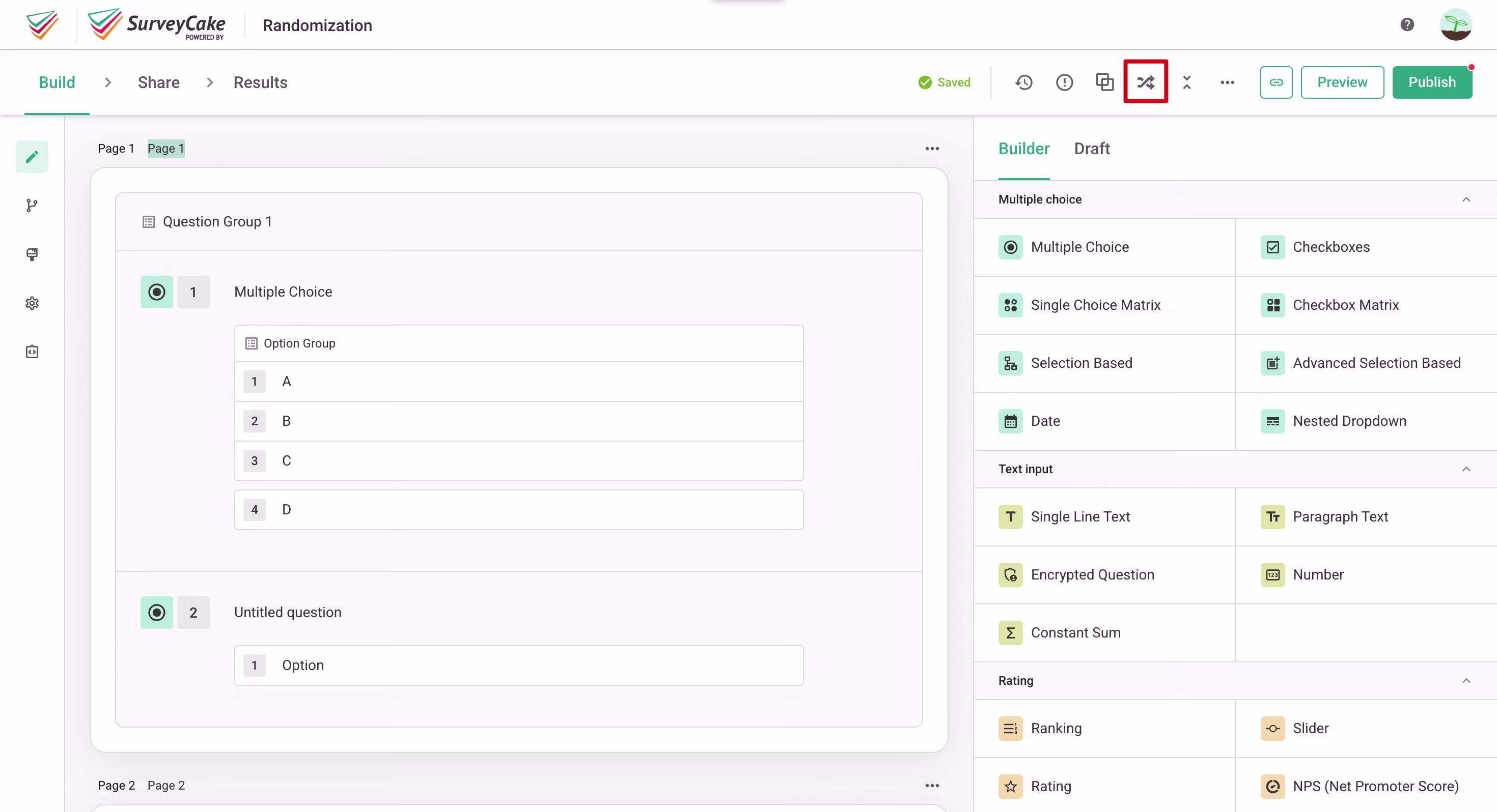 SurveyCake Build editor with the shuffle icon outlined in red on the toolbar, beside Question Group 1 and its A-to-D option group