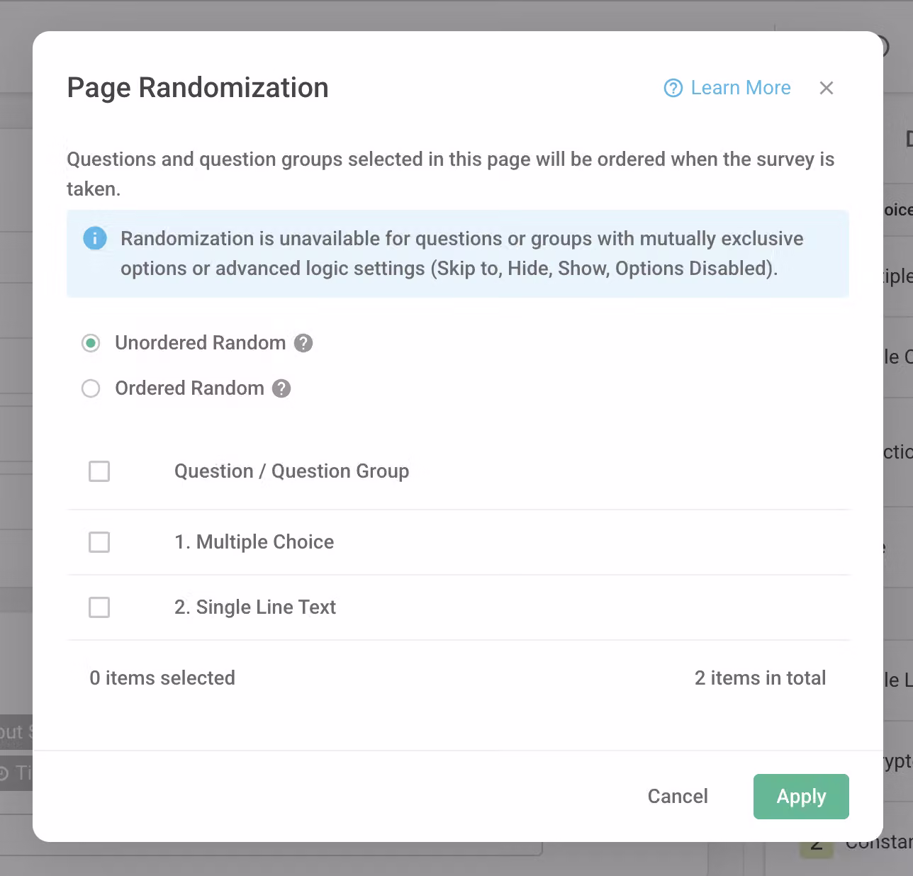 Question selection list showing certain question types grayed out as ineligible for randomization