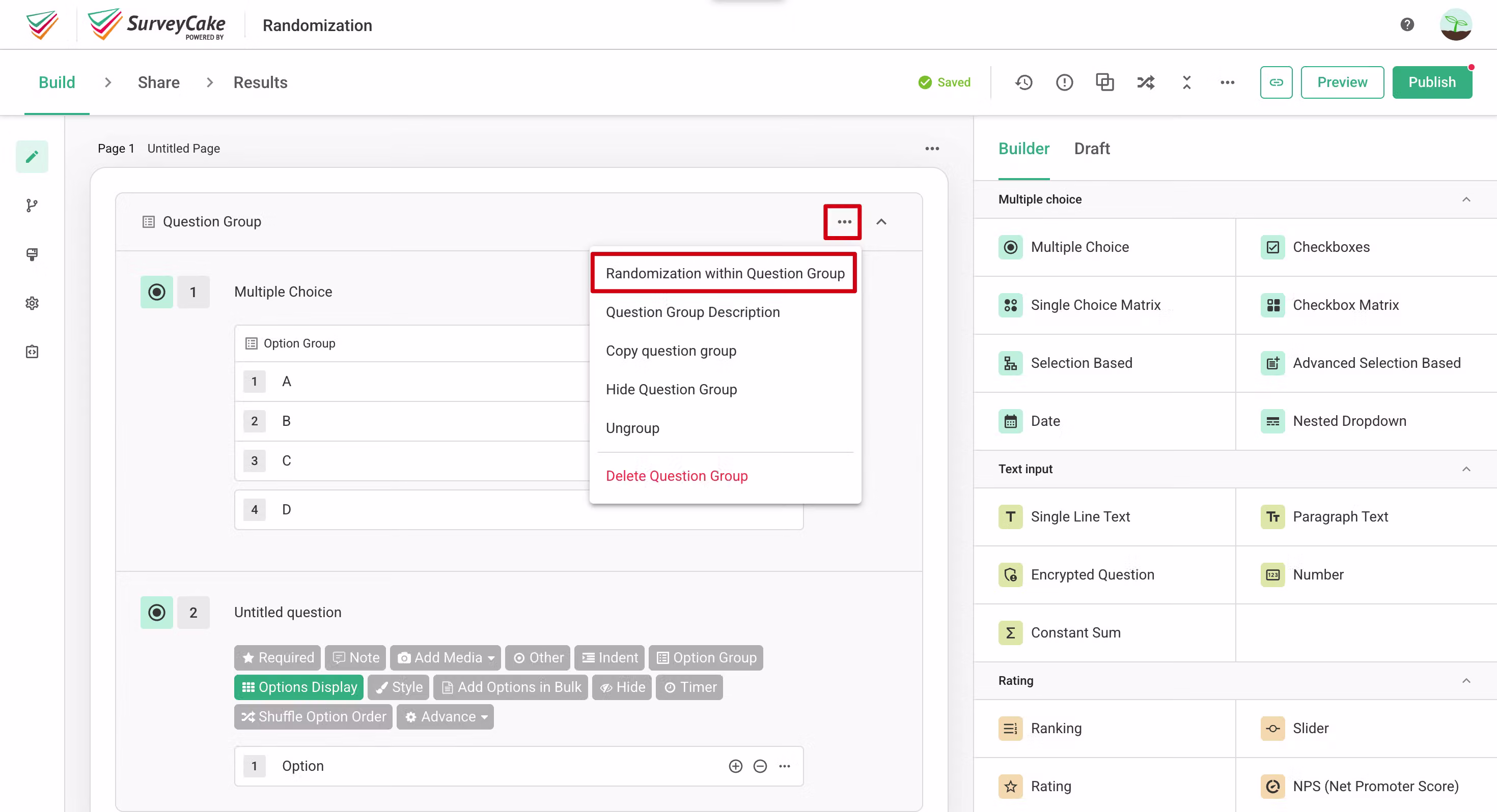 Randomization within Question Group menu for selecting questions to randomize, with an Apply button