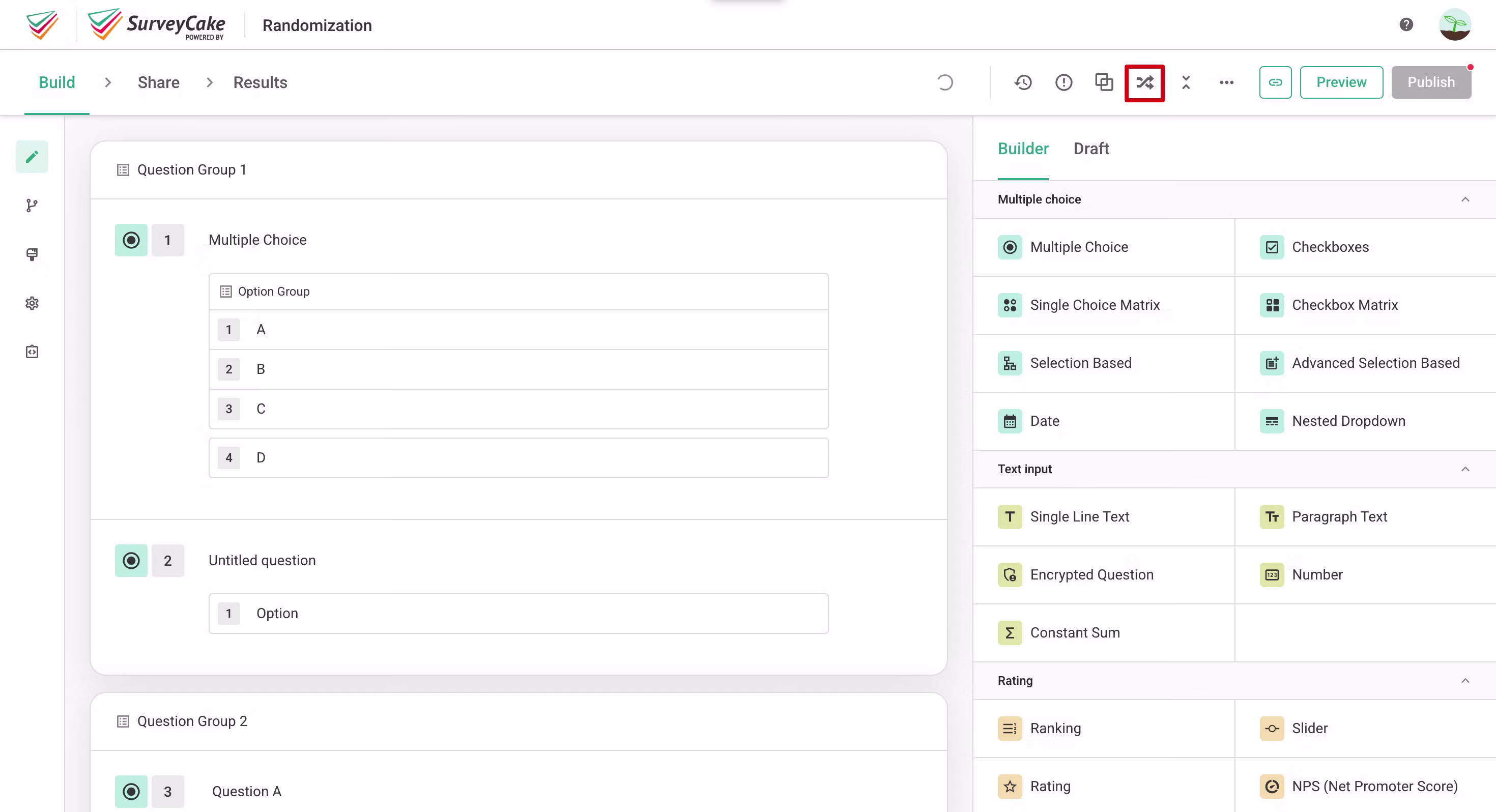 Page Randomization menu in One Question Per Page mode for selecting pages to randomize