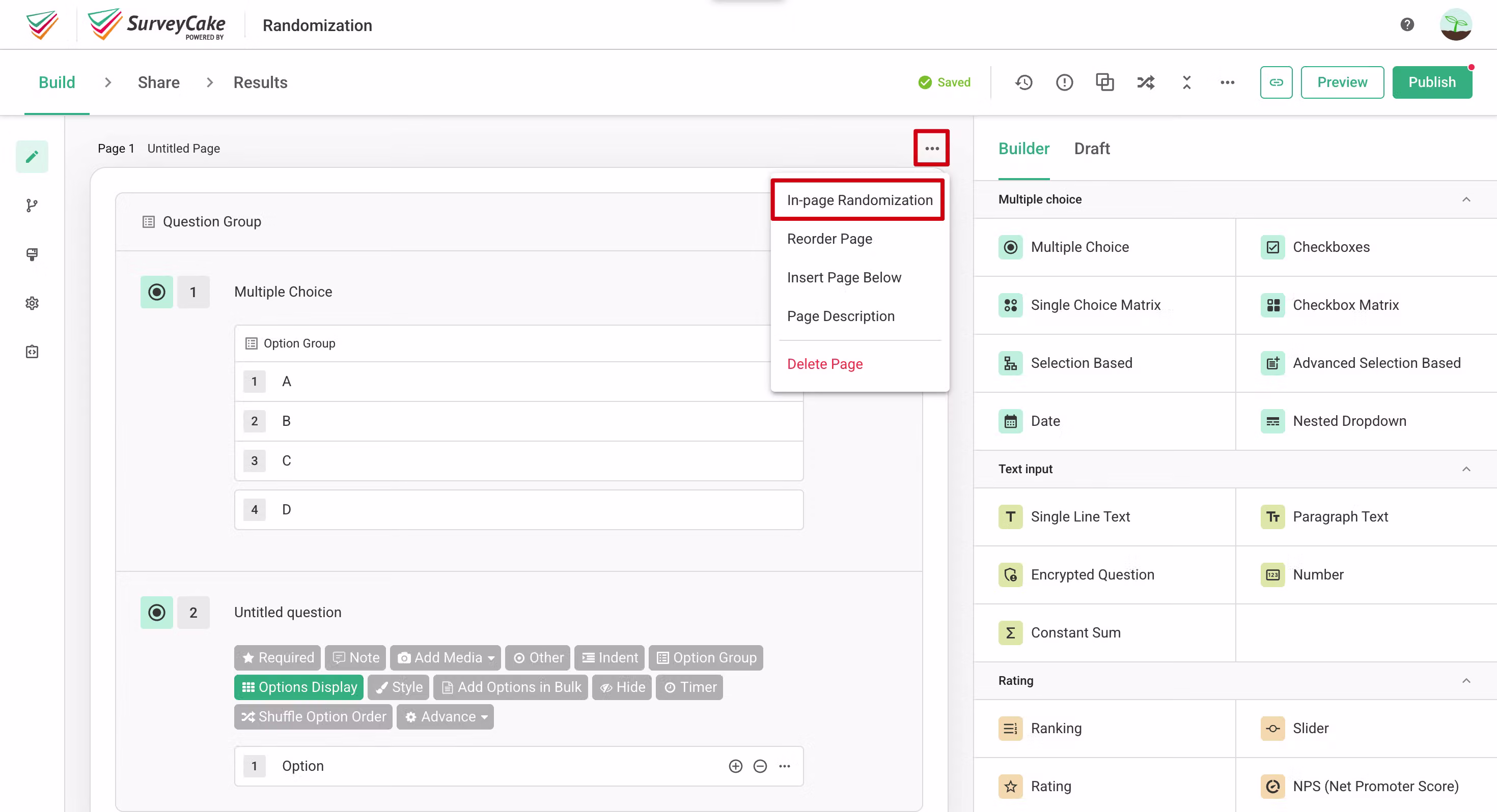 In-page Randomization menu for selecting questions or groups to randomize, with an Apply button