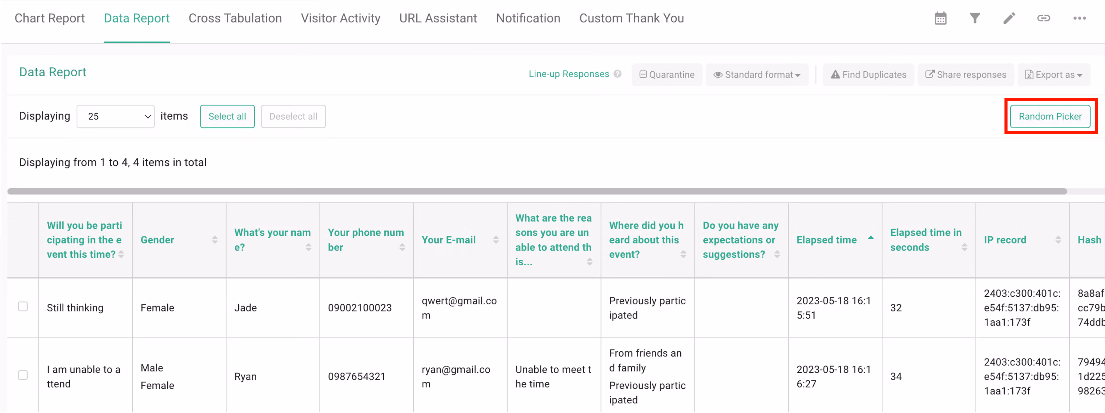 Detail Export page with the Random Picker button located in the top-right corner