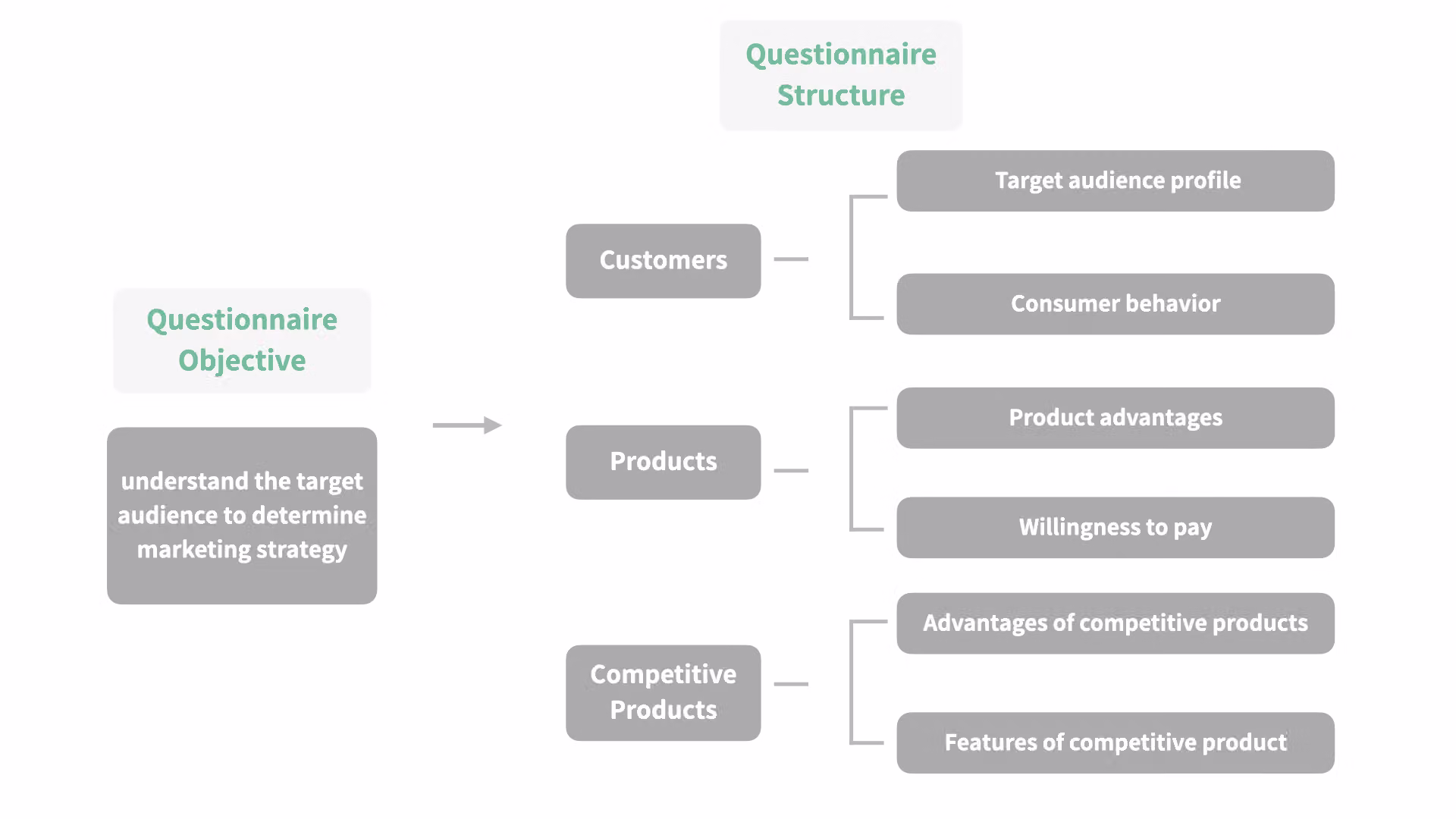 Example survey structure dividing questions into three aspects: customer, product, and competitor