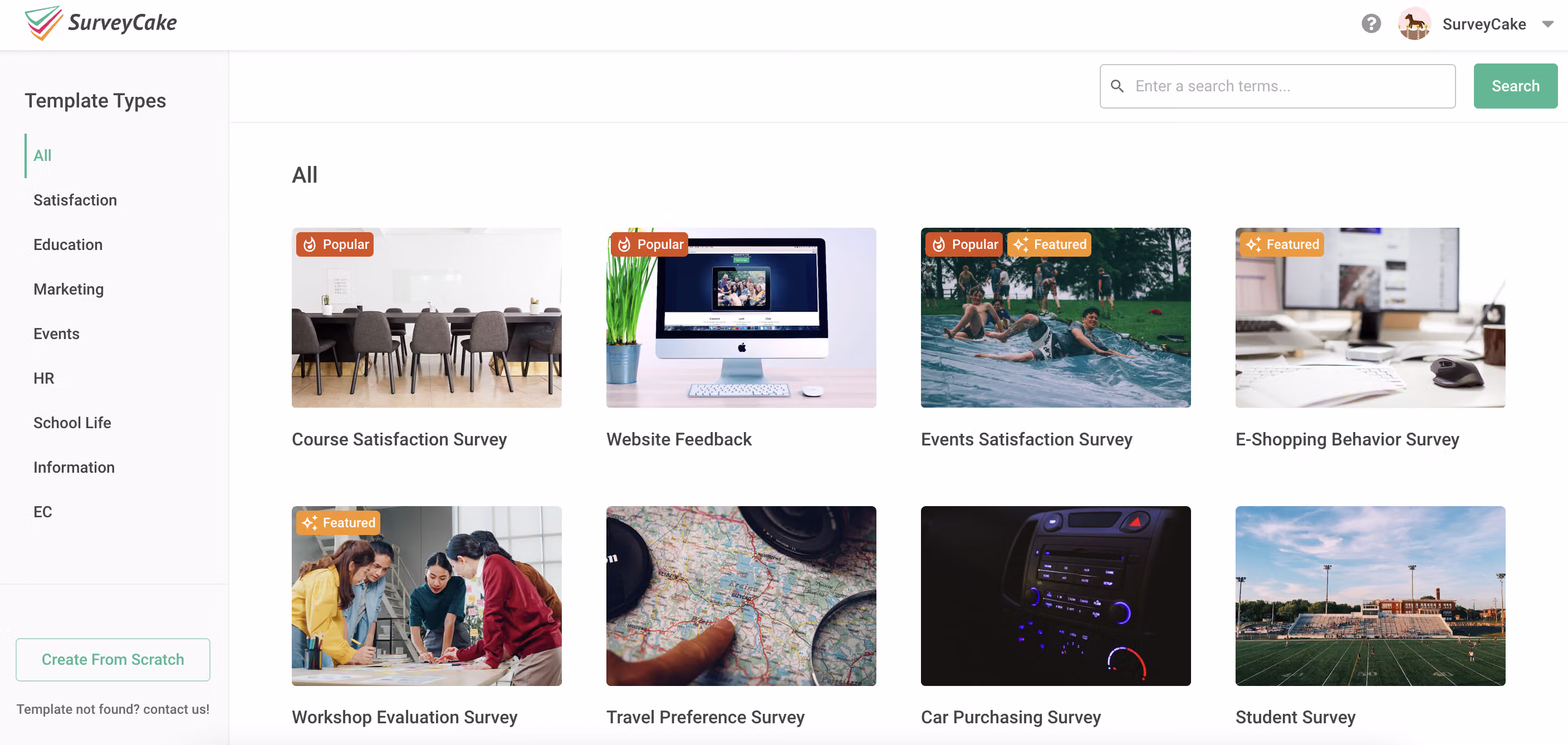 Survey template selection screen where a template can be applied and then customized