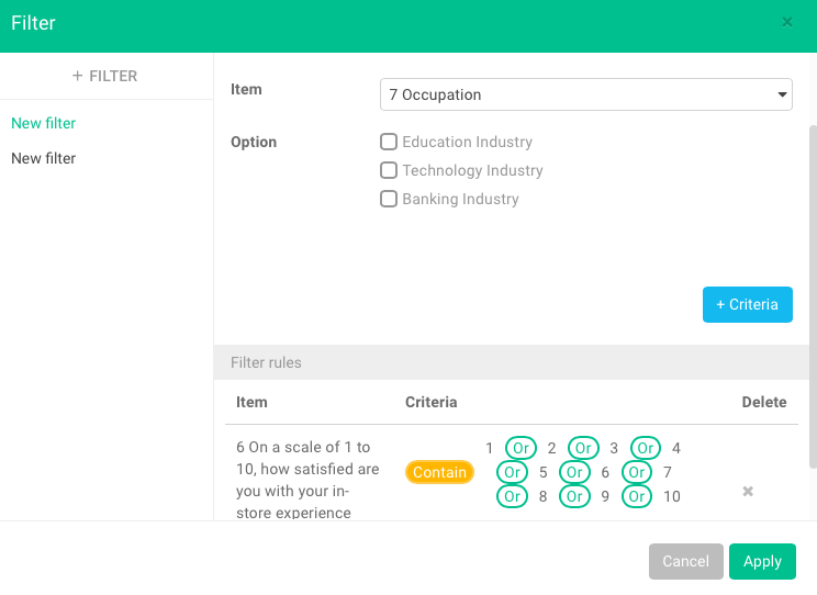 Filter results showing responses narrowed down by multiple selected conditions