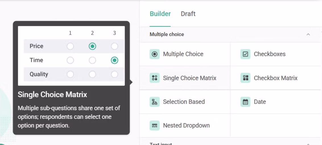 Build page sidebar listing all the available survey question types