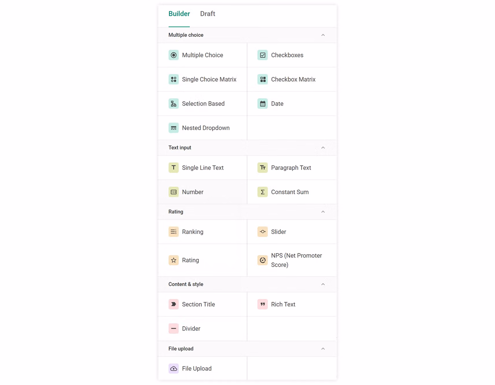 Question type list with a hover tooltip showing an introductory image and description