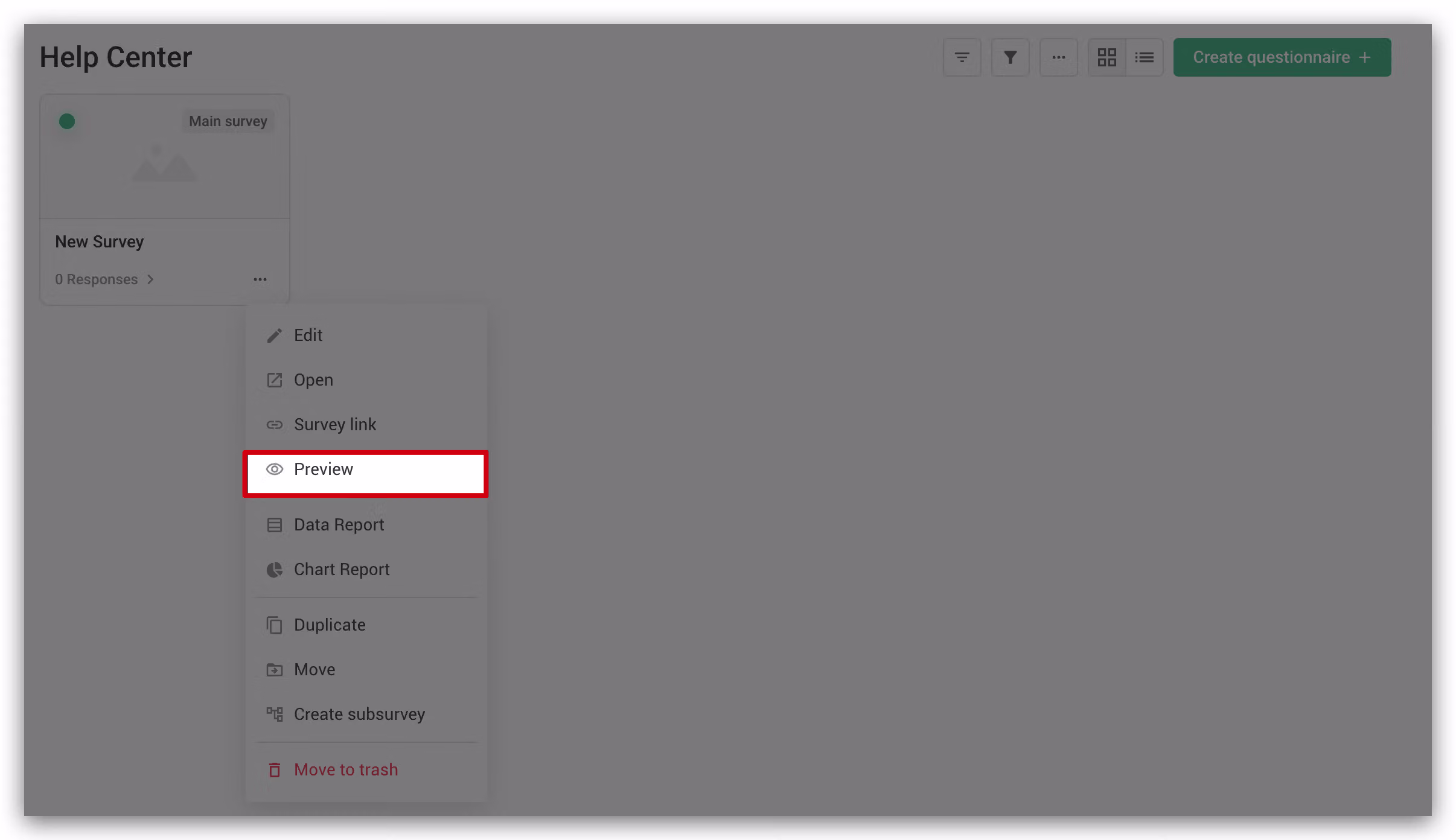 Survey overview page with the ... menu at the bottom right clicked to enter Preview