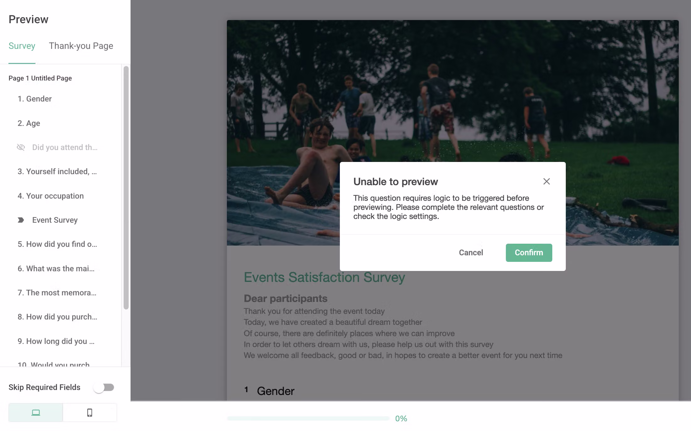 Sidebar showing a hidden question marked with a gray eye icon, requiring logic to be triggered before preview