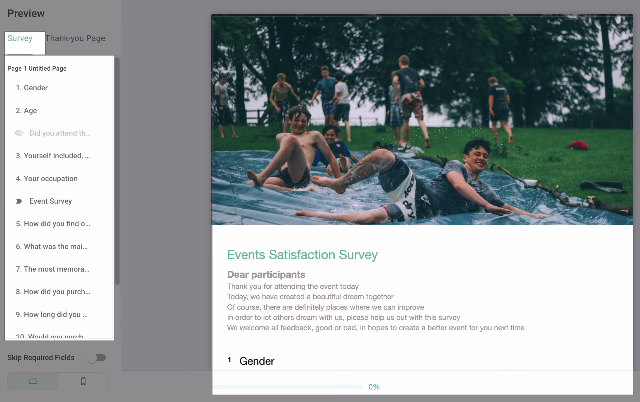 Preview interface Survey tab with the sidebar showing the full survey question structure