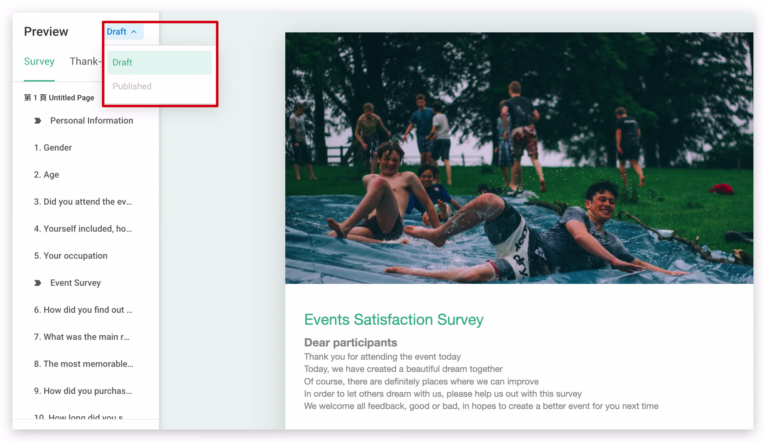 Preview interface version-switch dropdown for selecting which published survey version to preview