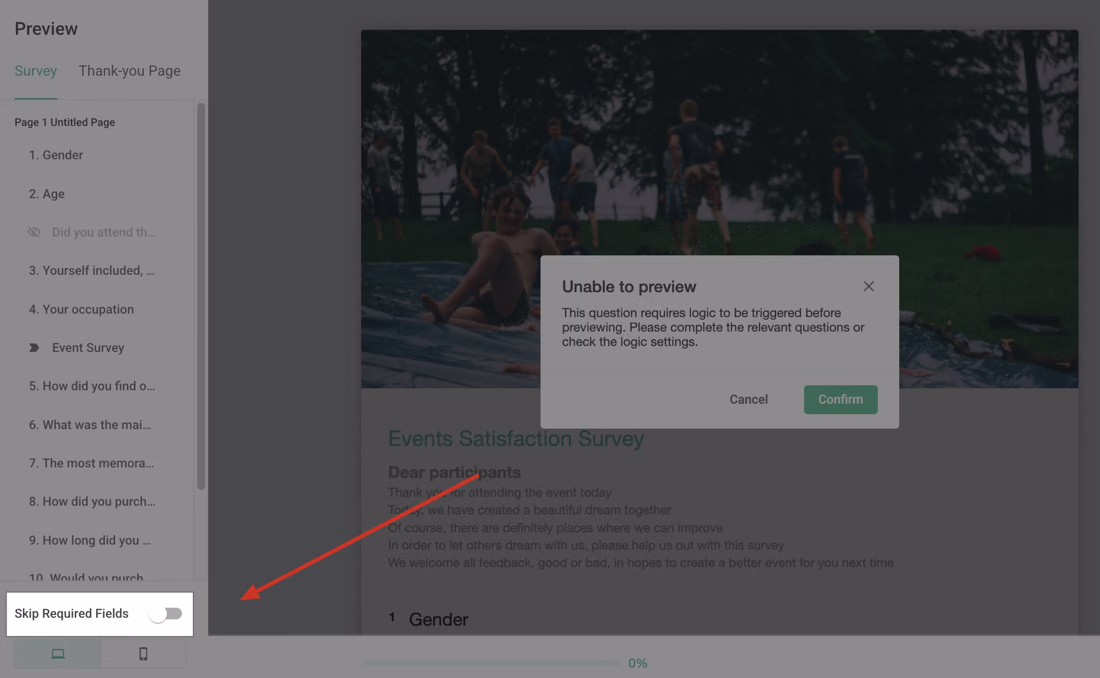 Skip Required Fields setting enabled, turning all required questions optional for testing