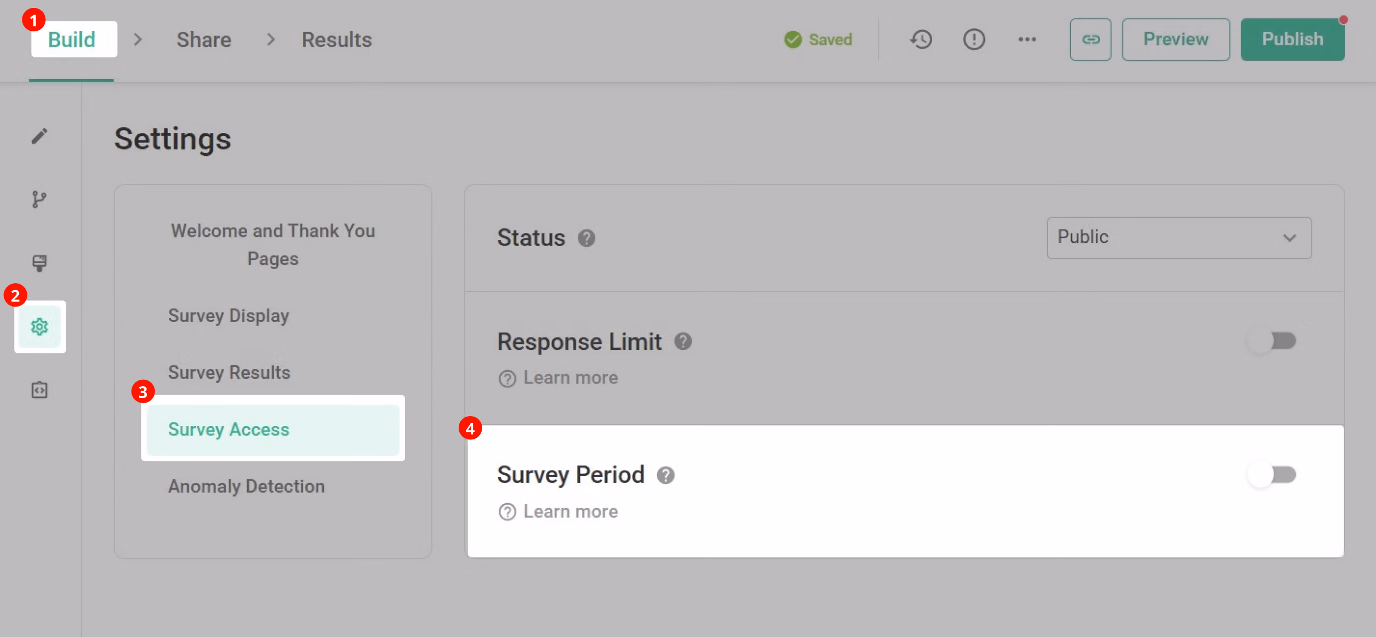 Survey Access settings page showing the Survey Period field toggle
