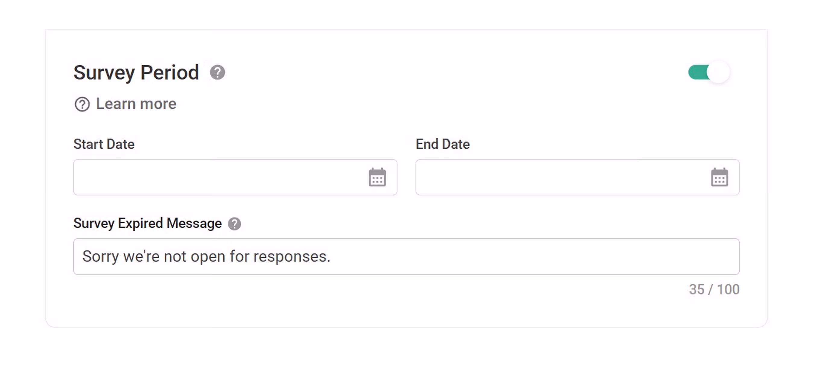 Settings for customizing the survey closed message shown outside the survey period