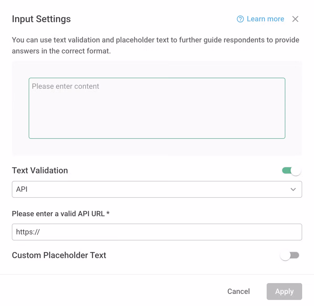 Paragraph question editor with the Text Validation option enabled in Input Settings