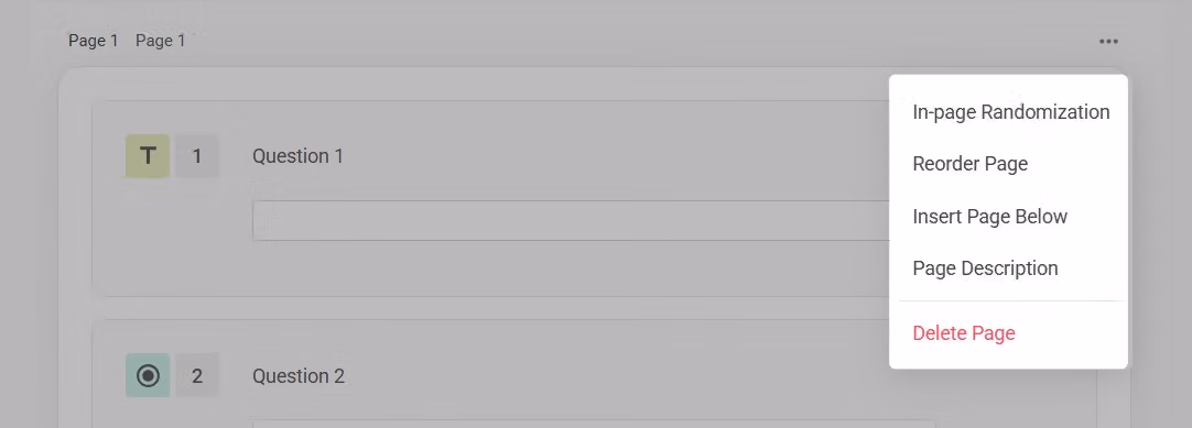 Page options menu listing functionalities including In-page Randomization, Reorder, and Delete Page