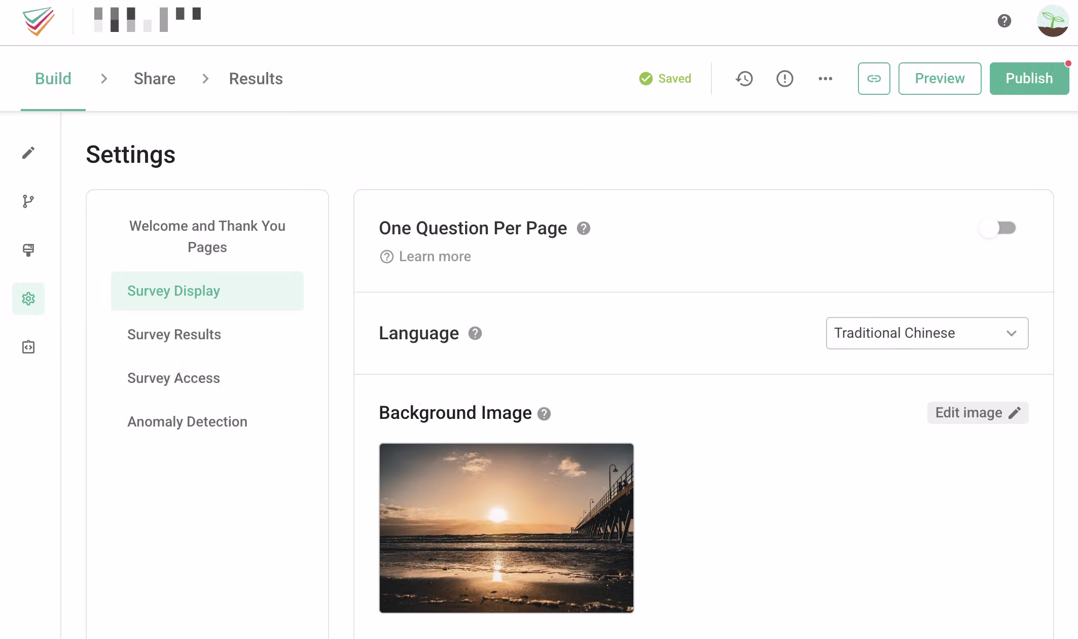 Survey Settings page showing the custom background image after a successful upload