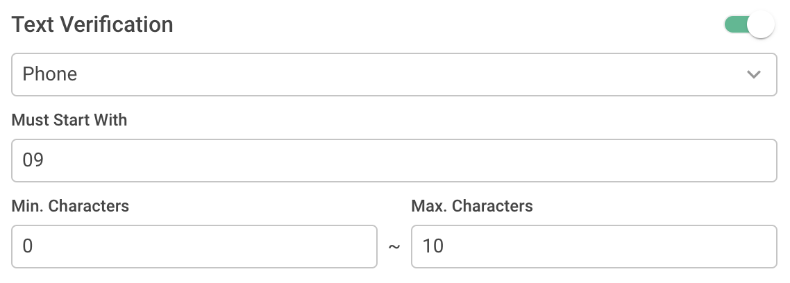 Text Validation settings for a question, configuring type, character limit, and format restrictions