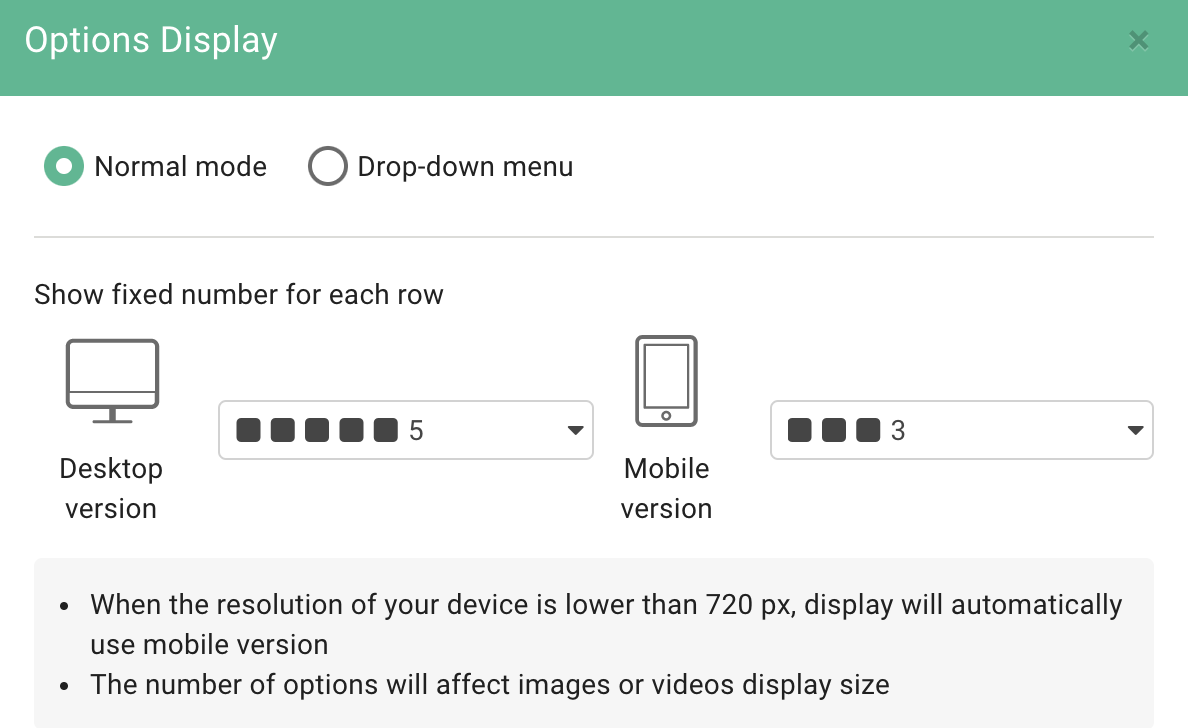 Options Display settings panel set to show five options per row on computer and mobile