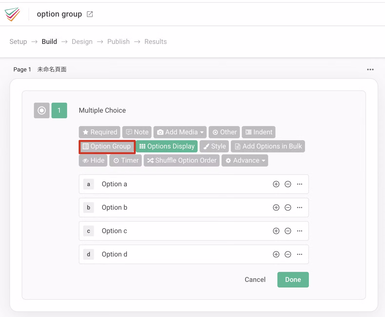 Question toolbar with the Option Group button highlighted for the drag-and-drop method