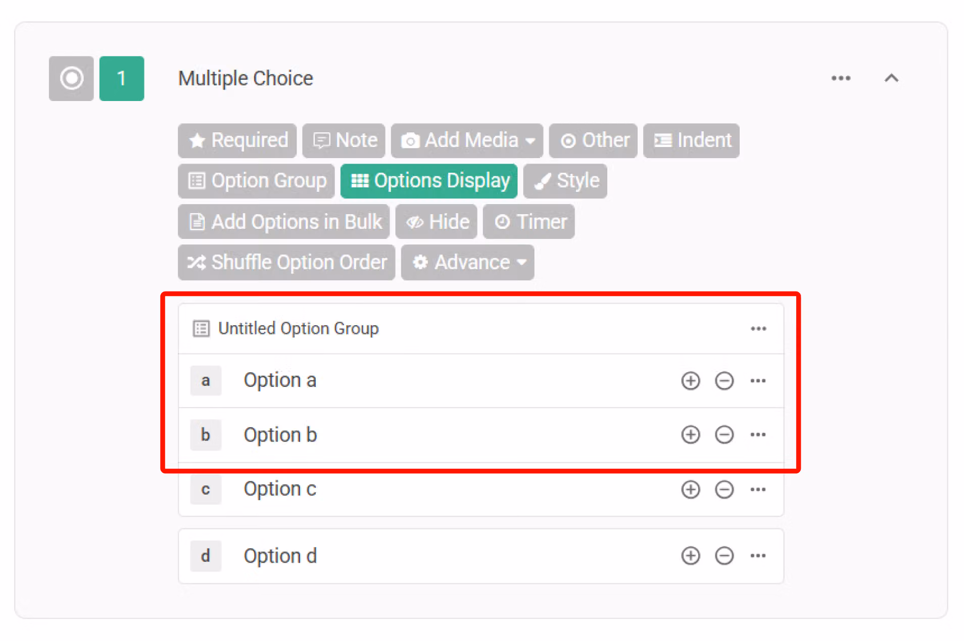 Completed Option Group in the question editor with Random and Rotate toggle switches