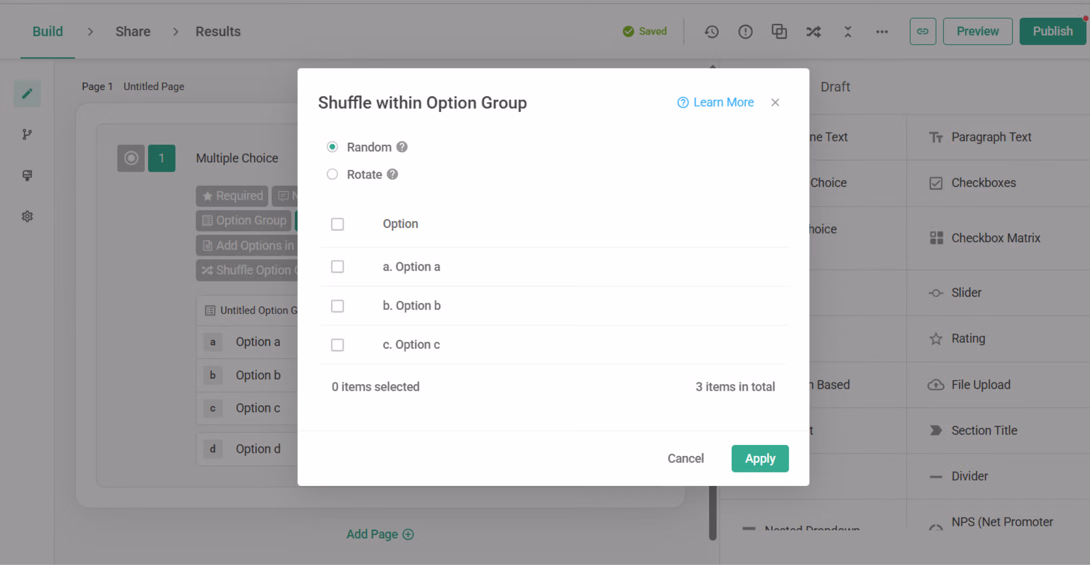 Question editor showing multiple options organized into labeled Option Groups