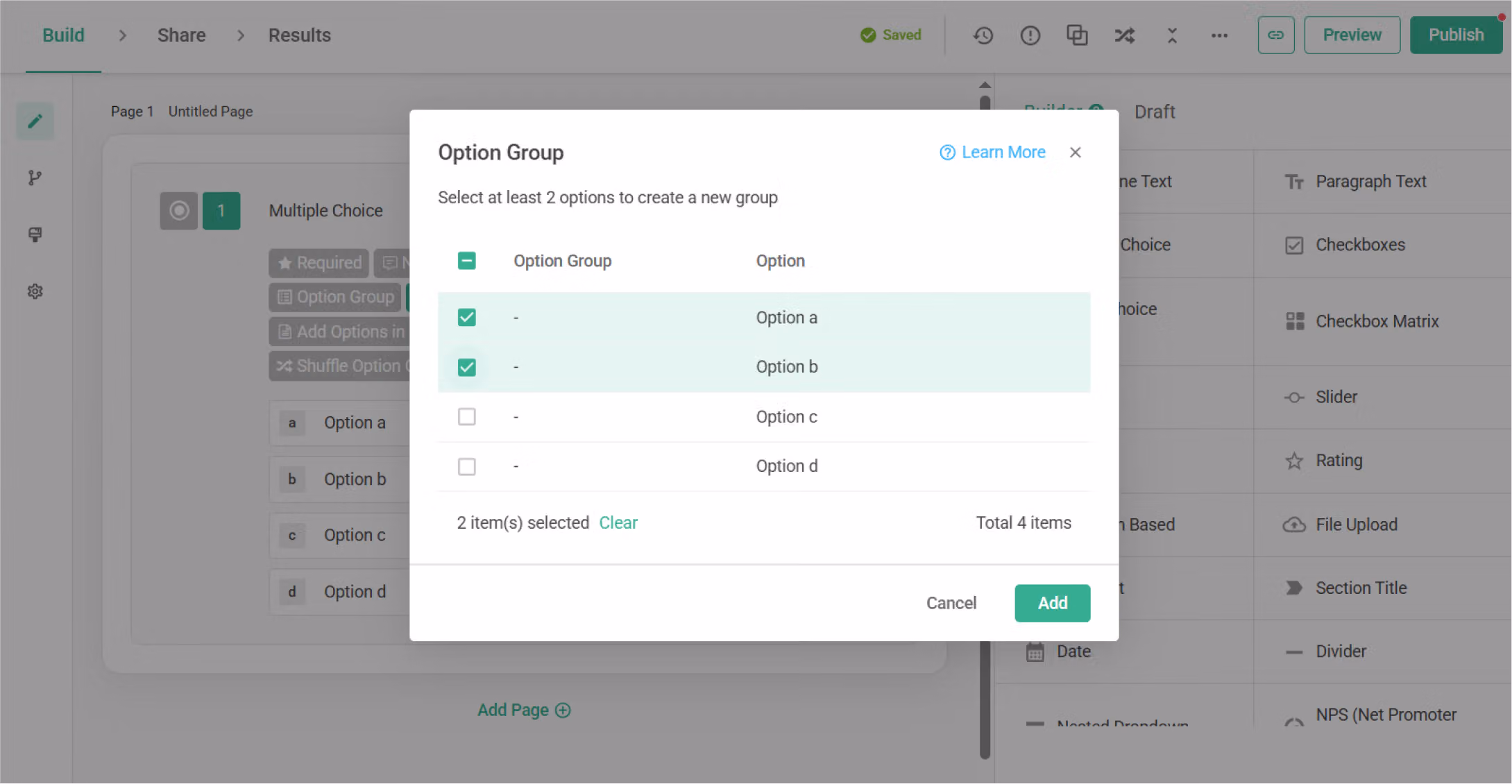 Pop-up window with two or more options selected before clicking Add to create an Option Group