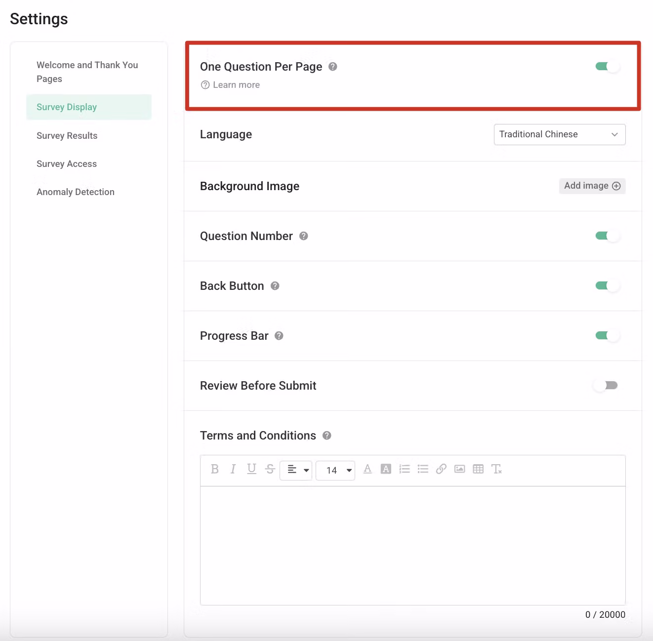 Survey Settings Survey Display tab with the One Question Per Page feature enabled