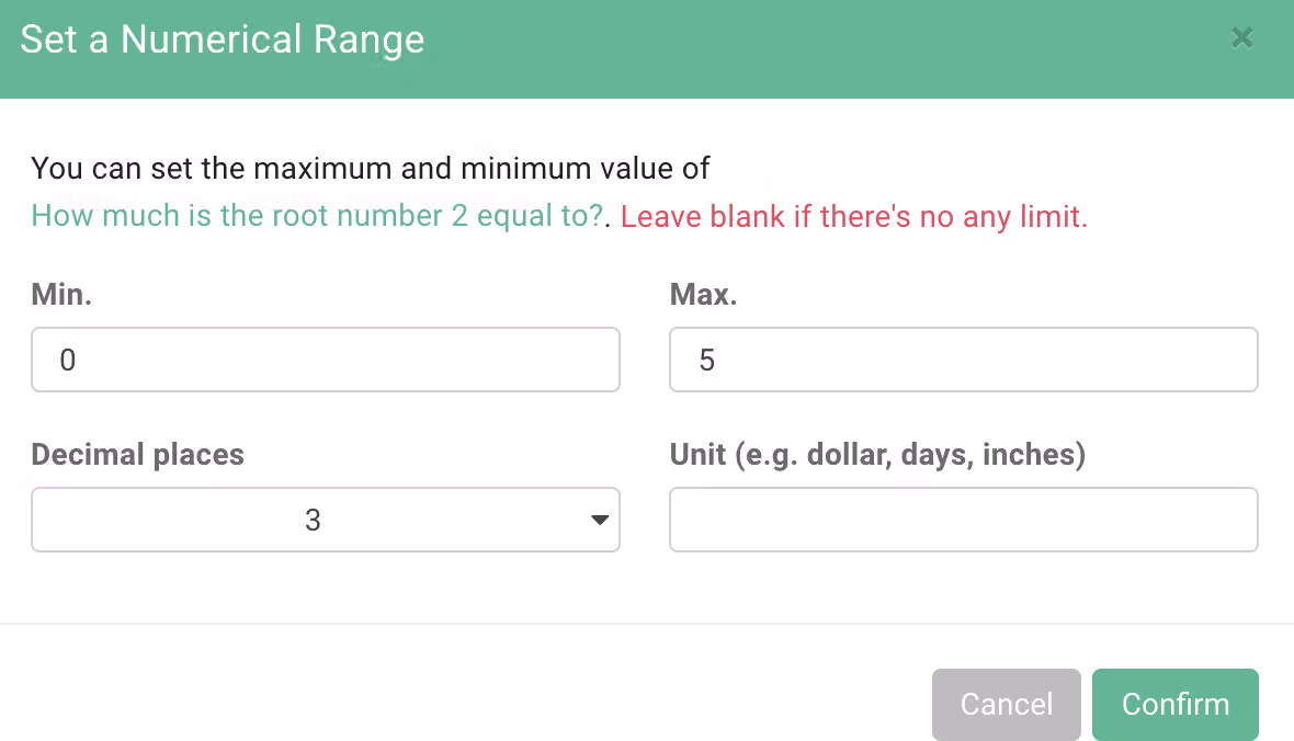 Number question settings screen with the Numerical Range field