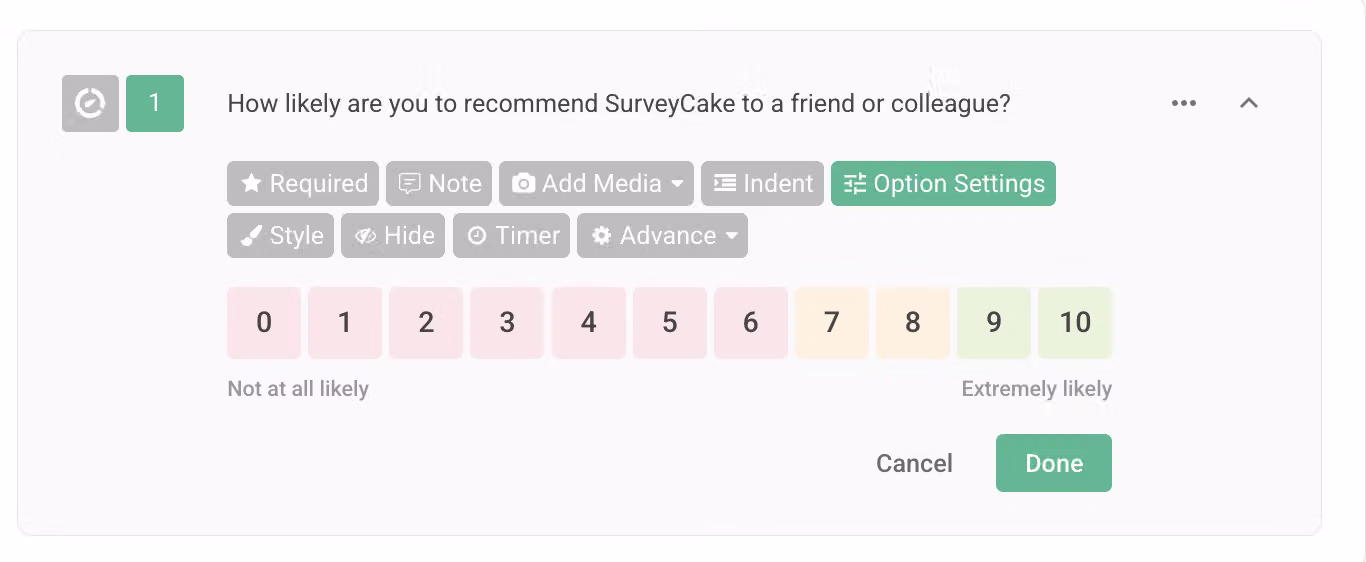 NPS question with color option enabled, showing scores in red, yellow, and green