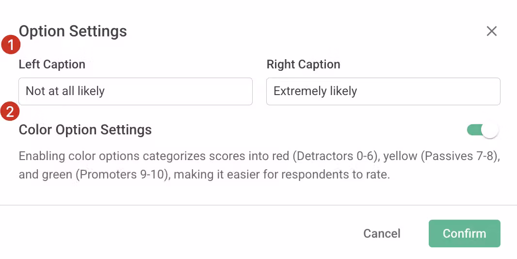 Custom settings panel for NPS left and right caption text and the color option toggle