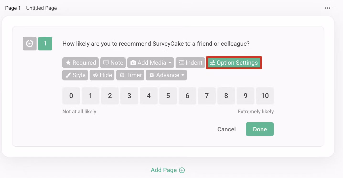 Option Settings clicked in the function bar to open the custom settings panel for an NPS question