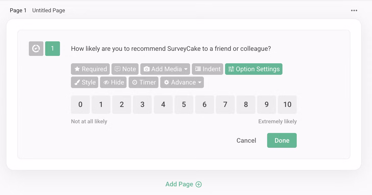 NPS question showing default 0-10 number options, labeled Not at all likely on the left and Extremely likely on the right