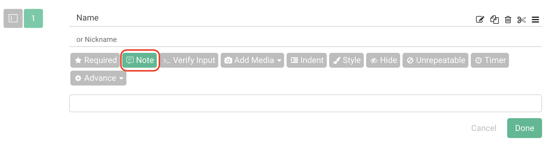 Question editor with the Note button clicked to add annotation text below a question