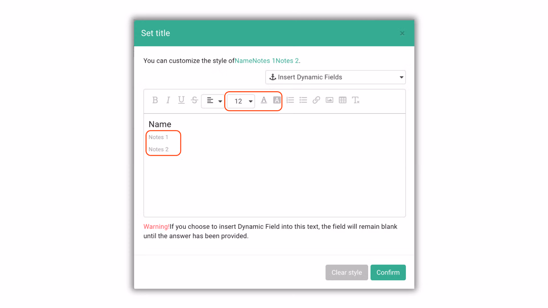 Style feature settings for entering multi-line note text with adjustable font size and color