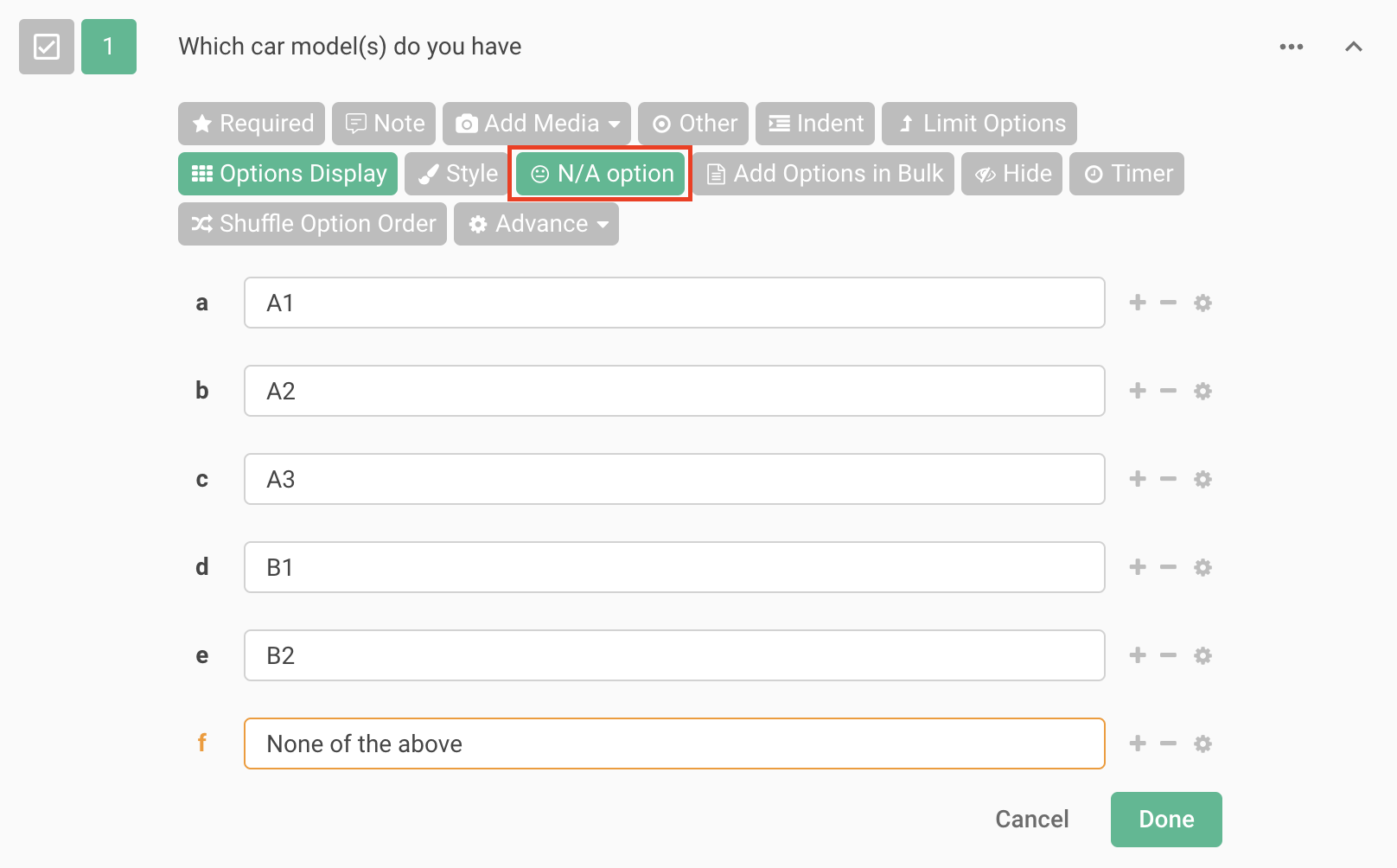 Checkboxes question settings screen for adding a None of the Above option