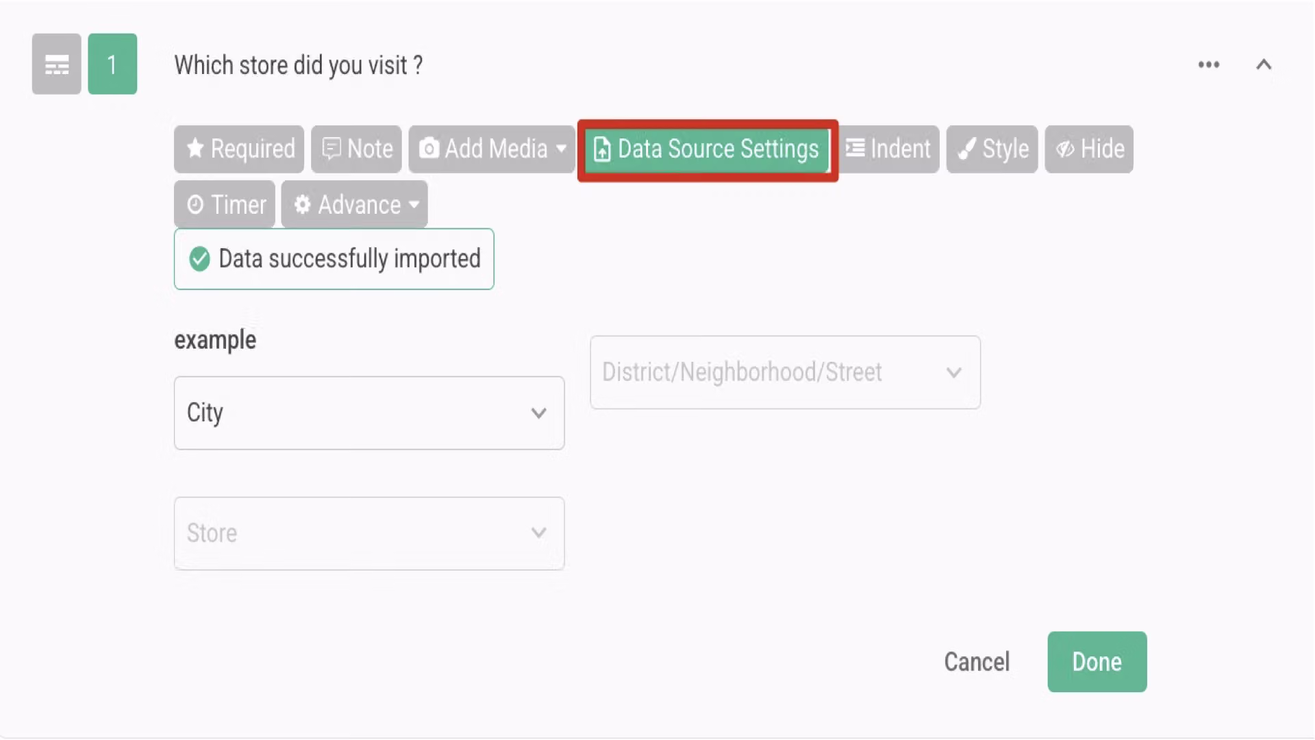 Question editor with the Nested Dropdown question type added and the Source Settings button highlighted