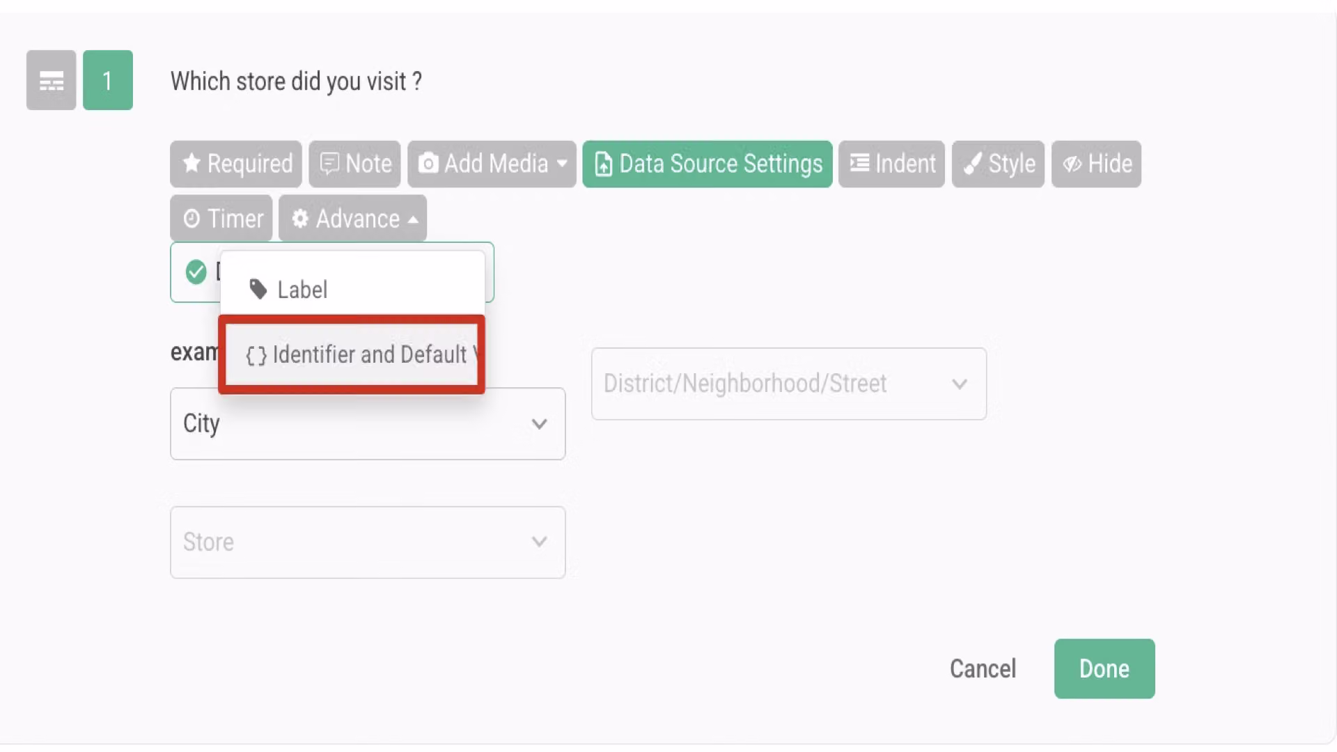 Question settings Advanced menu with Identifier and Default Values option selected for a Nested Dropdown question