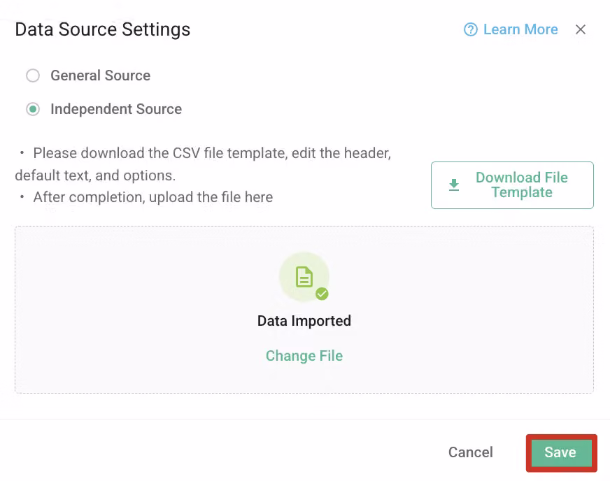 Nested Dropdown Source Settings panel with the edited CSV file uploaded, ready to save