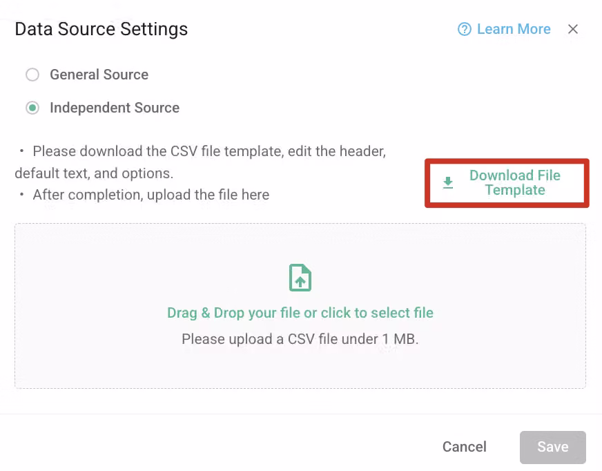 CSV template file open showing columns for level titles, default text, and options for a Nested Dropdown